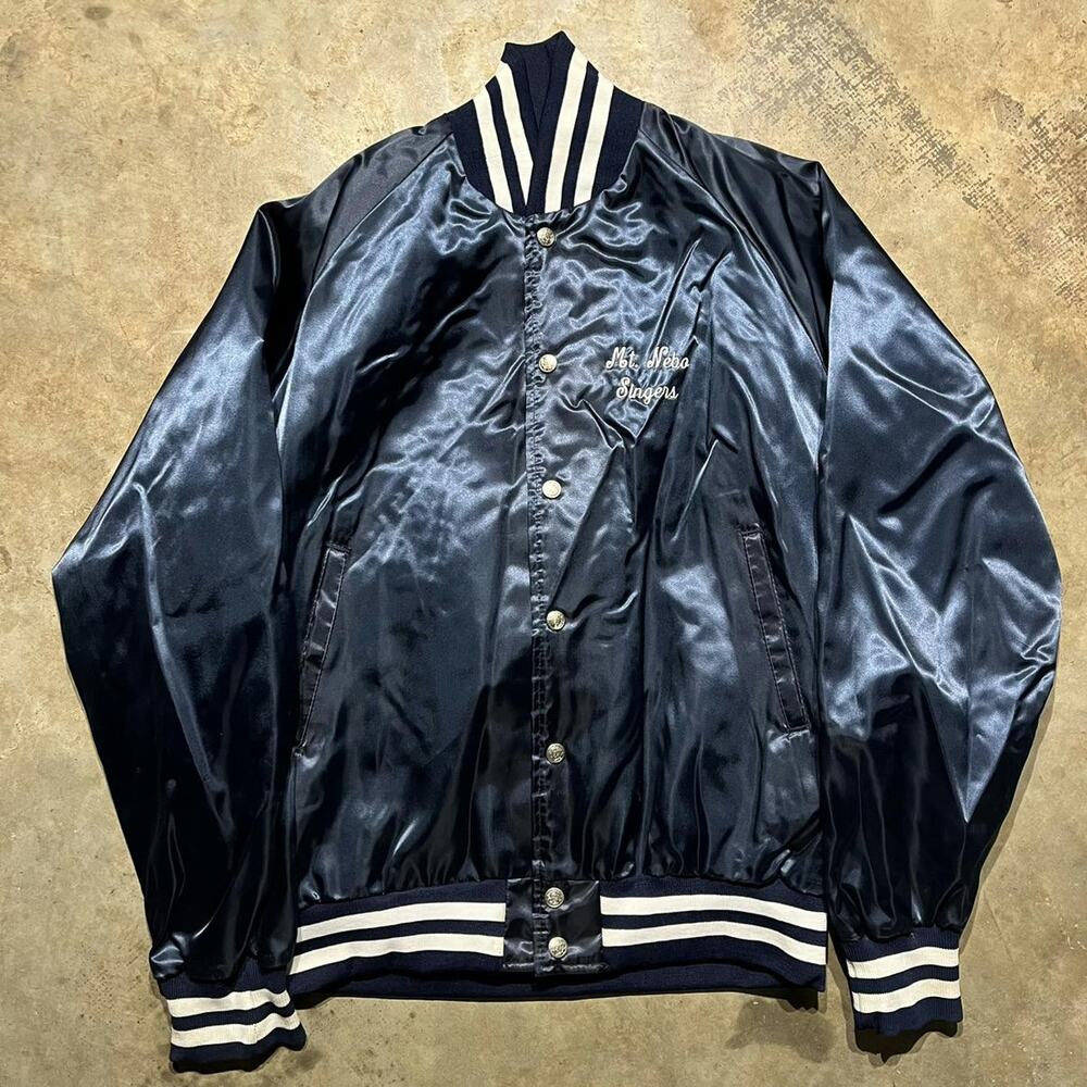 Vintage 70s Bike Satin Chain Stitched Navy Bomber Jacket